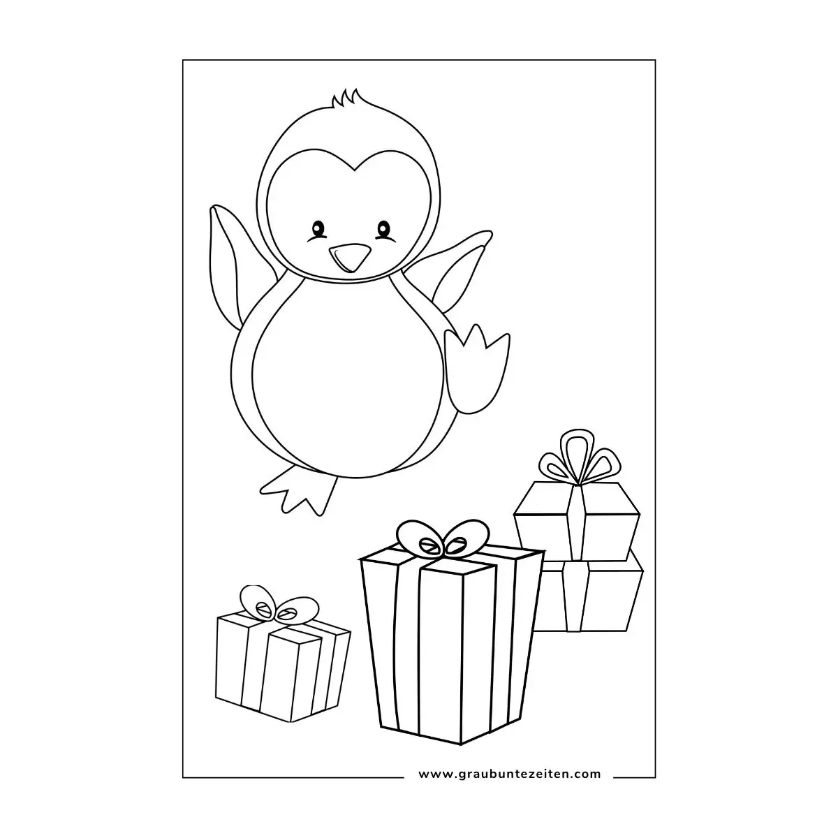 Ausmalbilder Weihnachten Tiere. Ein Pinguin mit vier Geschenkpaketen.