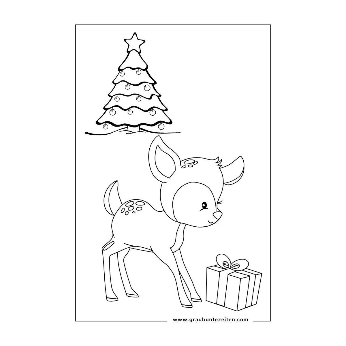 Ausmalbilder Weihnachten Tiere. Ein Weihnachtsbaum und ein Reh mit einem Weihnachtsgeschenk.