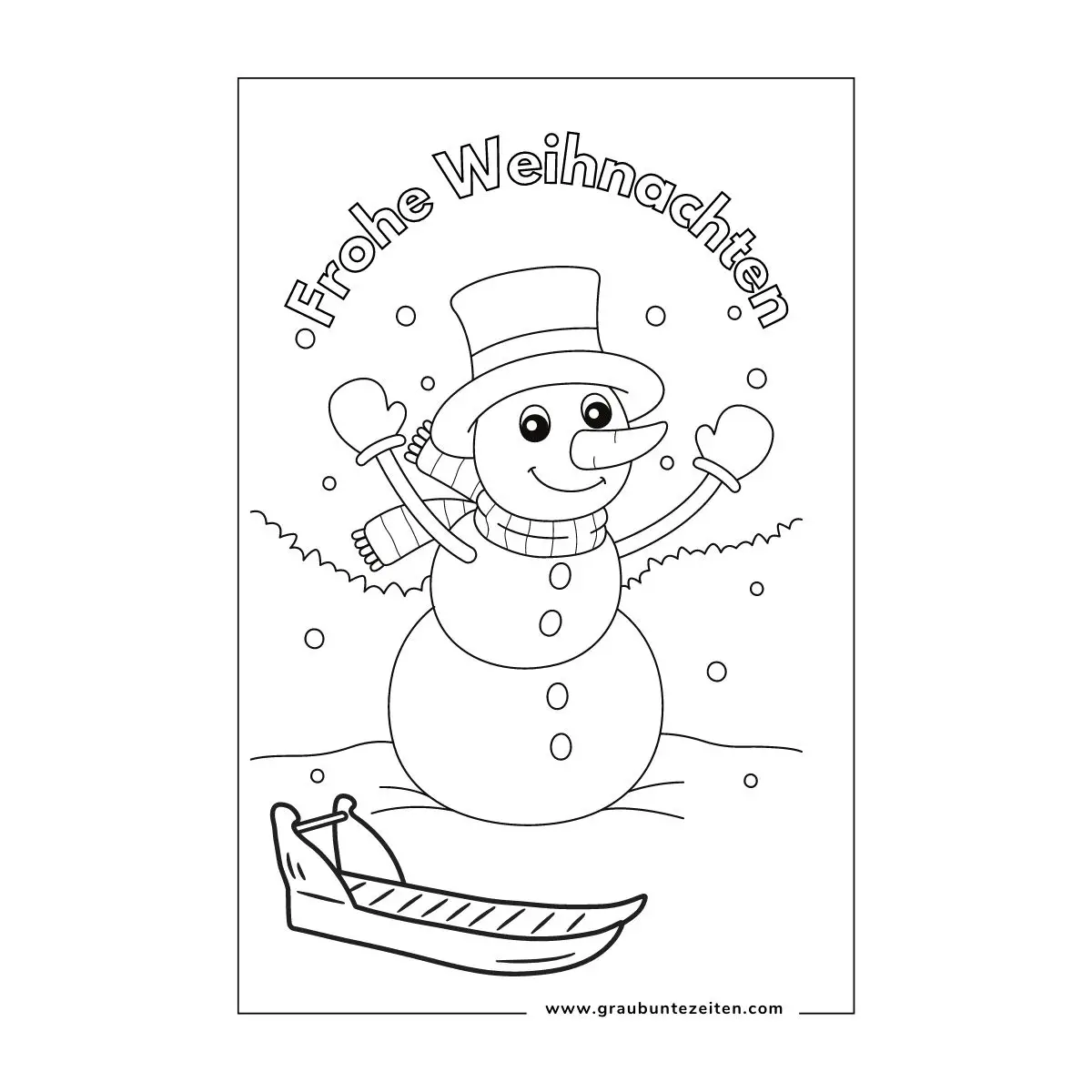 Lustiger Schneemann mit Handschuhen, Schal, Zylinder und Schlitten. Schriftzug Frohe Weihnachten.