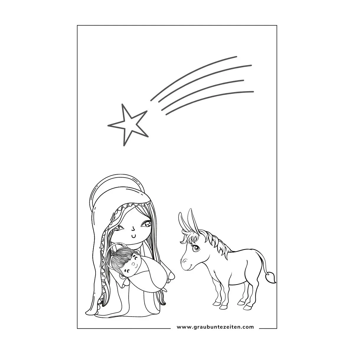 Ausmalbild Jungfrau Maria mit Jesus, ein Esel und eine Sternschnuppe.