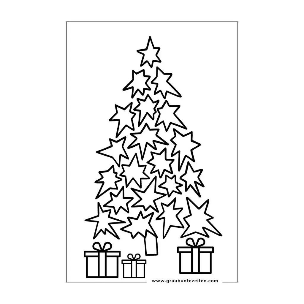 Ausmalbild Weihnachtsbaum aus Sternen gebildet. Darunter sind Geschenkpakete.