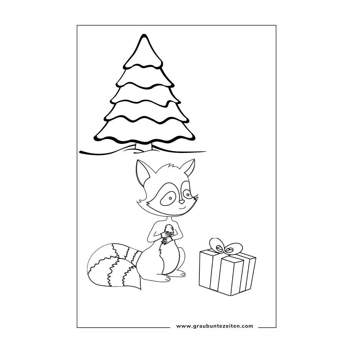 Ausmalbilder Weihnachten Tiere. Ein Tannenbaum im Wald. Ein Fuchs mit einem Weihnachtsgeschenkpaket.