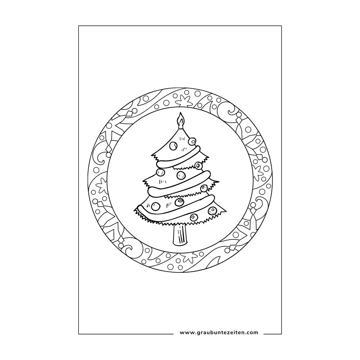 Ausmalbilder Weihnachten kostenlos drucken. Ein verzierter, runder Kranz. In der Mitte ein geschmückter Weihnachtsbaum.