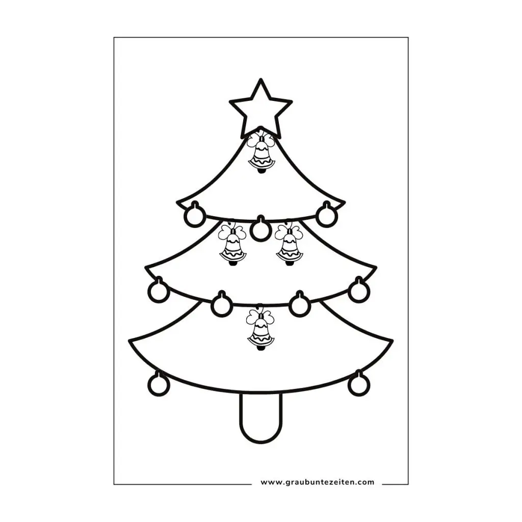 Ausmalbild Weihnachtsbaum mit Kugel, Glocken und einen Stern auf der Spitze geschmückt.