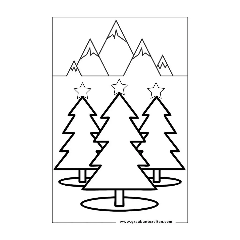 Ausmalbild mit drei Weihnachtsbäumen mit Stern auf der Spitze stehen vor einer Bergkulisse.