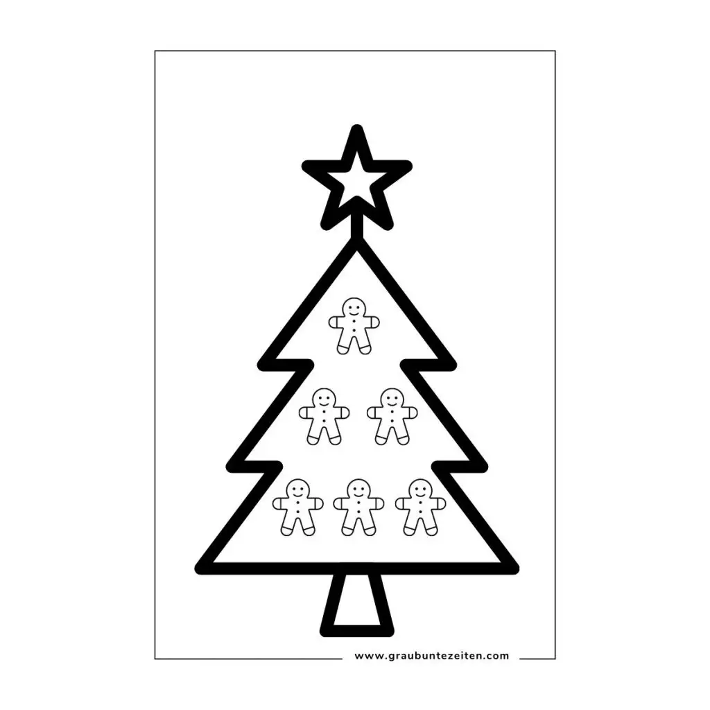 Ausmalbild Weihnachtsbaum mit Lebkuchenmännchen und Stern auf der Baumspitze.