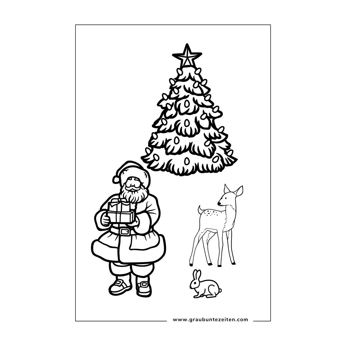 Ausmalbilder Weihnachten kostenlos drucken. Weihnachtsmann mit Geschenken, ein Hase und ein Reh. Im Hintergrund ein Weihnachtsbaum.