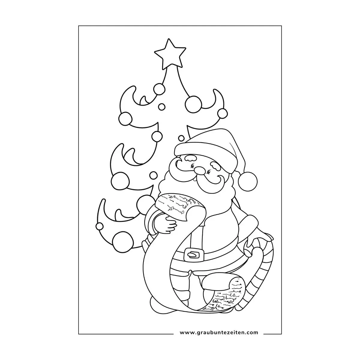 Ausmalbild Weihnachtsmann mit Liste vor Weihnachtsbaum.