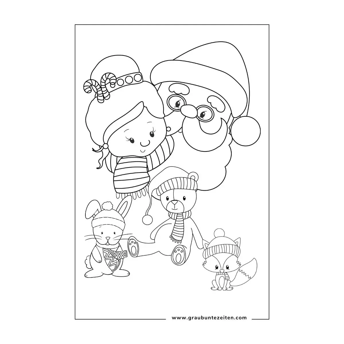 Ausmalbild Weihnachtsmann mit kleinem Mädchen auf dem Arm. Im Vordergrund ein Hase, ein Bär und ein Fuchs mit Strickmütze.