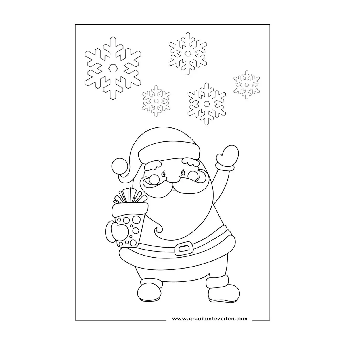 Ausmalbild Weihnachtsmann mit Geschenk unter dem Arm. Am Himmel sind Schneeflocken.