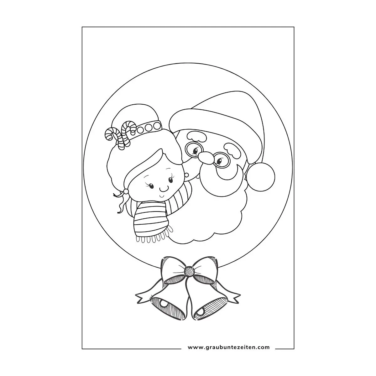 Ausmalbilder Weihnachten kostenlos drucken. In einem Kreis der Weihnachtsmann und ein kleines Mädchen. Unter dem Kreis sind zwei Glocken mit einer Schleife.