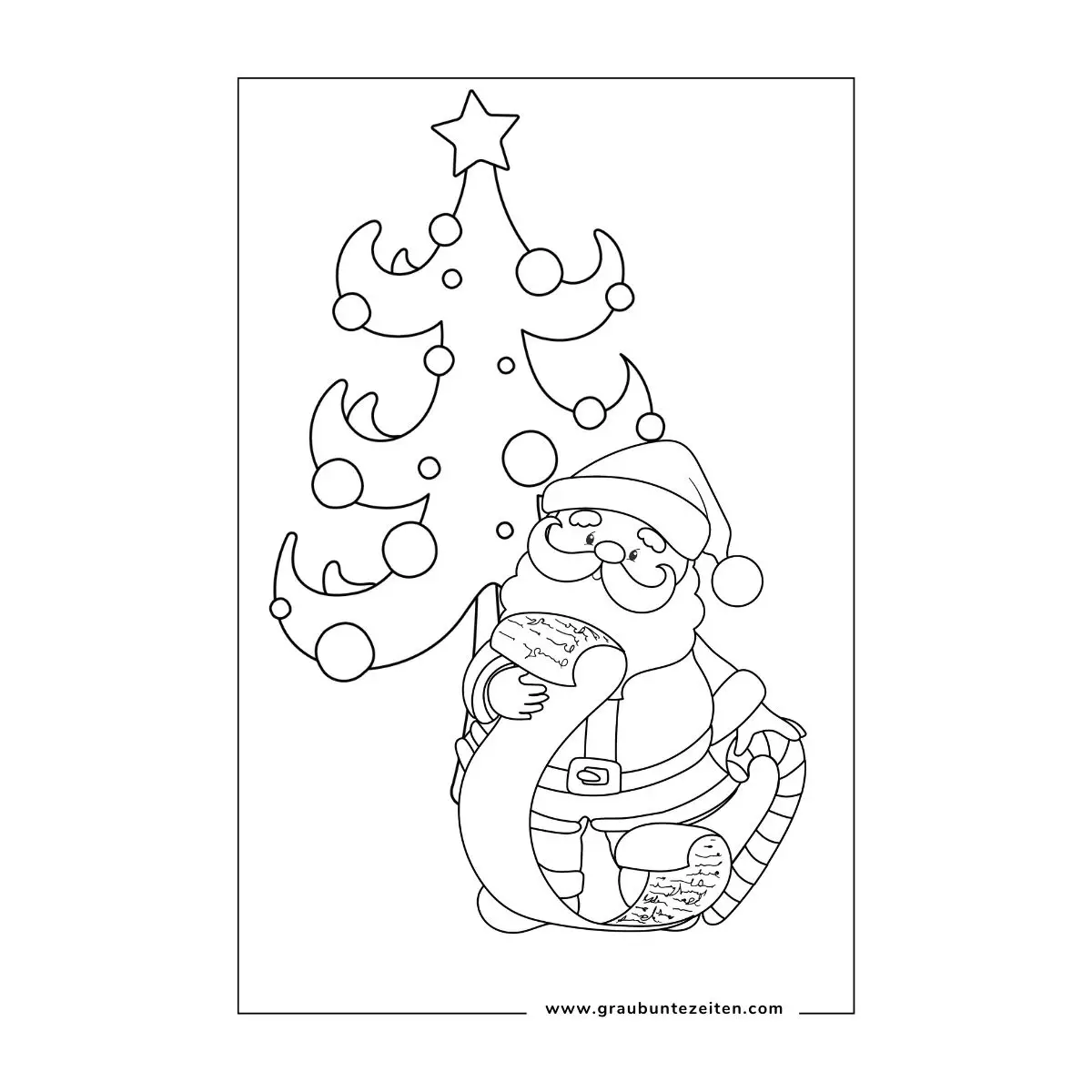 Ausmalbilder Weihnachten kostenlos drucken. Der Weihnachtsmann steht vor dem Weihnachtsbaum und liest die Liste.