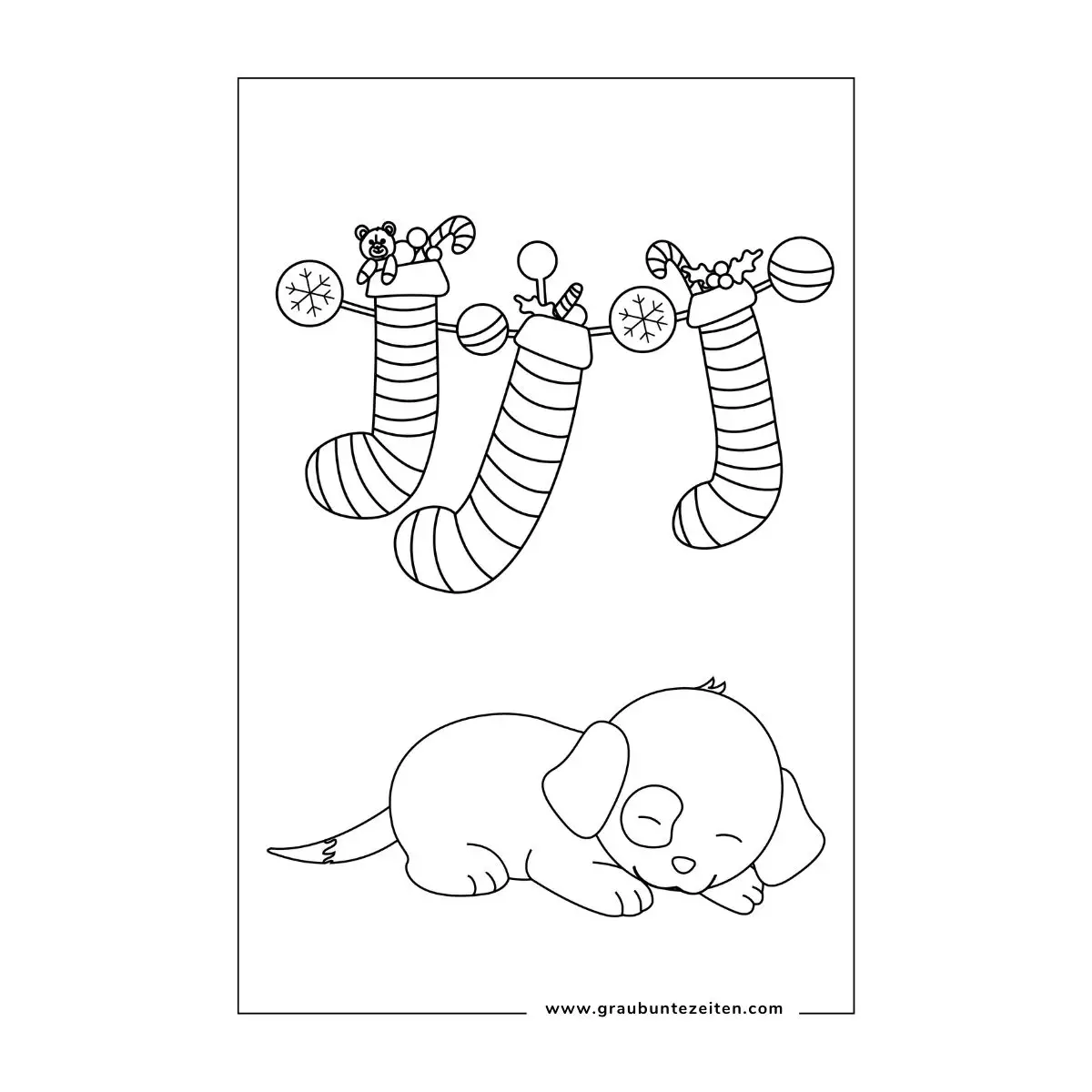 Ausmalbilder Weihnachten Tiere. Ein kleiner Welpe mit Schlappohren schläft unter Weihnachtssocken.