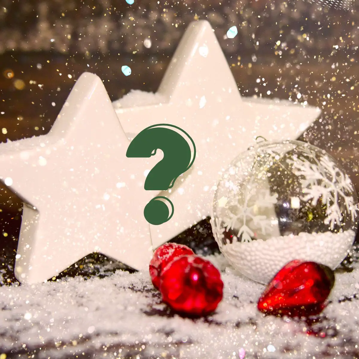 Zwei weiße Porzellan-Sterne mit einer durchsichtigen, mit Kunstschnee gefüllten Weihnachtsbaumkugel. Davor liegt roter Christbaumschmuck.