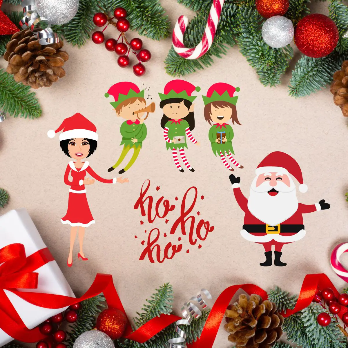 Weihnachtlich geschmückte Bildumrandung aus Tannenzweigen, Geschenken und Zuckerstangen. In der Mitte der Weihnachtsmann mit seiner Frau und seinen Elfen. Alle sind fröhlich und lachen.