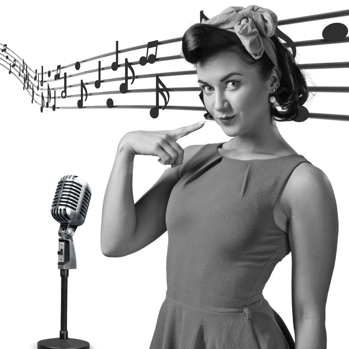 Frau gekleidet im 50er Jahre Stil steht vor einem Mikrofon. Hinter ihr sind Musiknoten zu sehen.