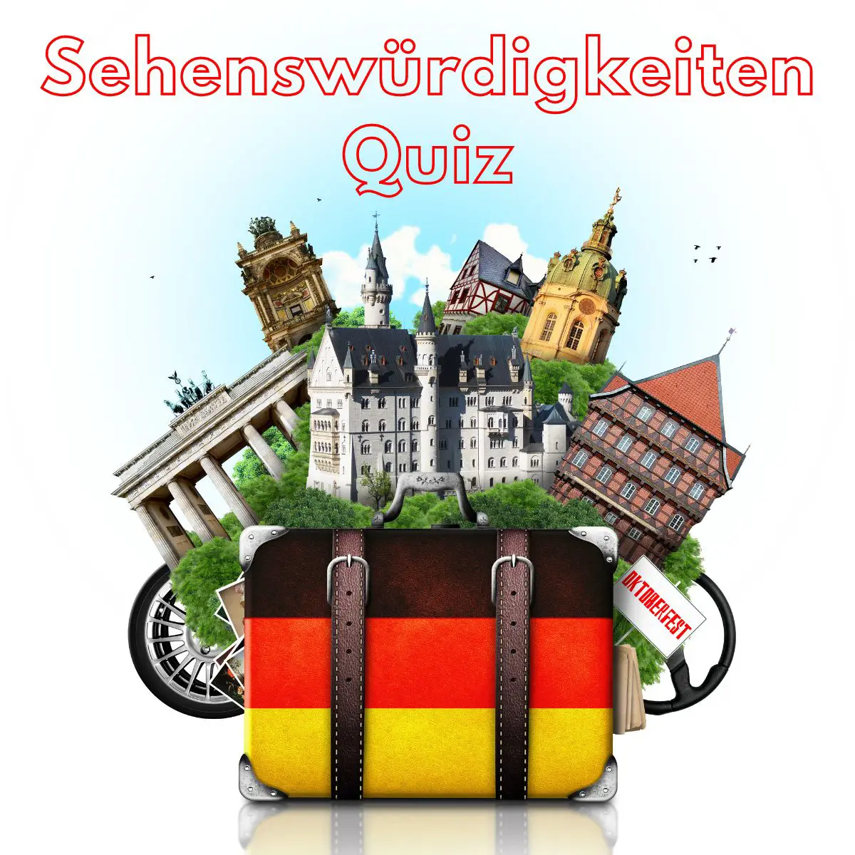 Ein Koffer mit der Deutschlandfahne als Muster. Darauf verschiedene Gebäude von Hauptstädten.
