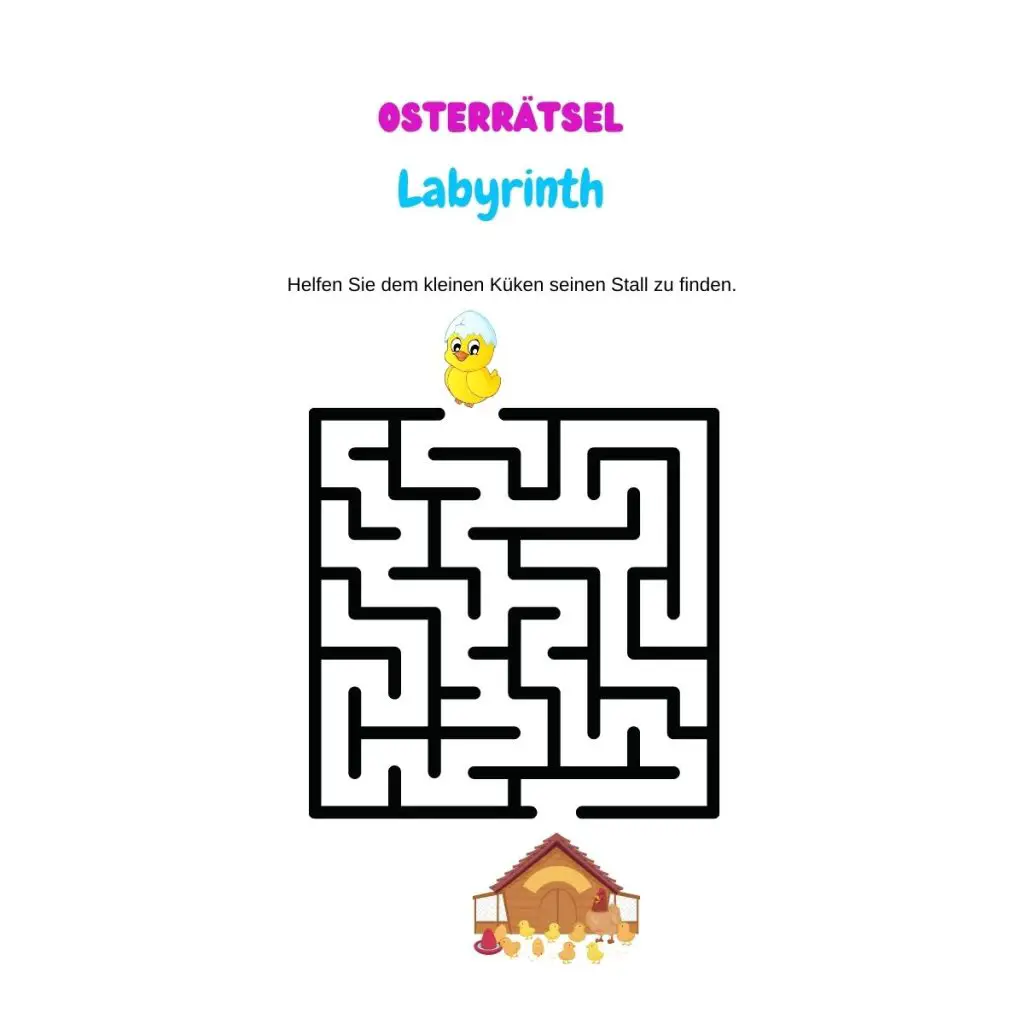 Osterrätsel Labyrinth. Ein Küken sucht den Weg zu seinem Stall.