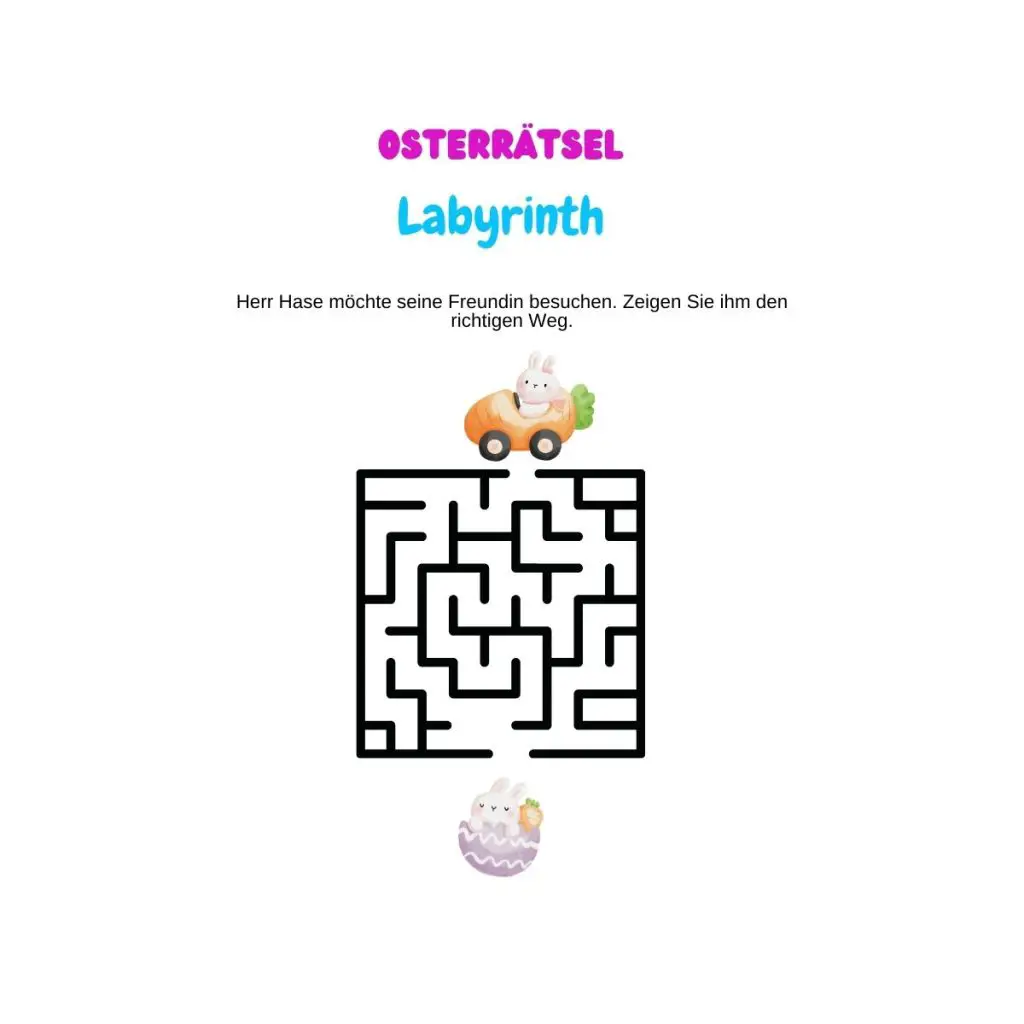 Osterrätsel Labyrinth. Ein Hase in einem Karotten-Auto sucht den Weg zu seiner Hasen-Freundin.