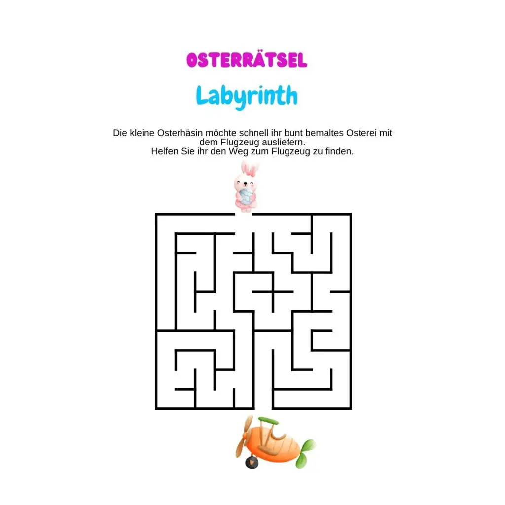 Osterrätsel Labyrinth. Eine kleine Osterhäsin möchte zum Karotten-Flugzeug.