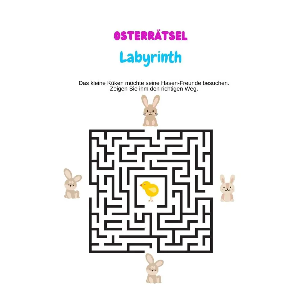 Osterrätsel Labyrinth. Ein kleines, gelbes Küken sucht den Weg zu seinen Hasenfreunden.