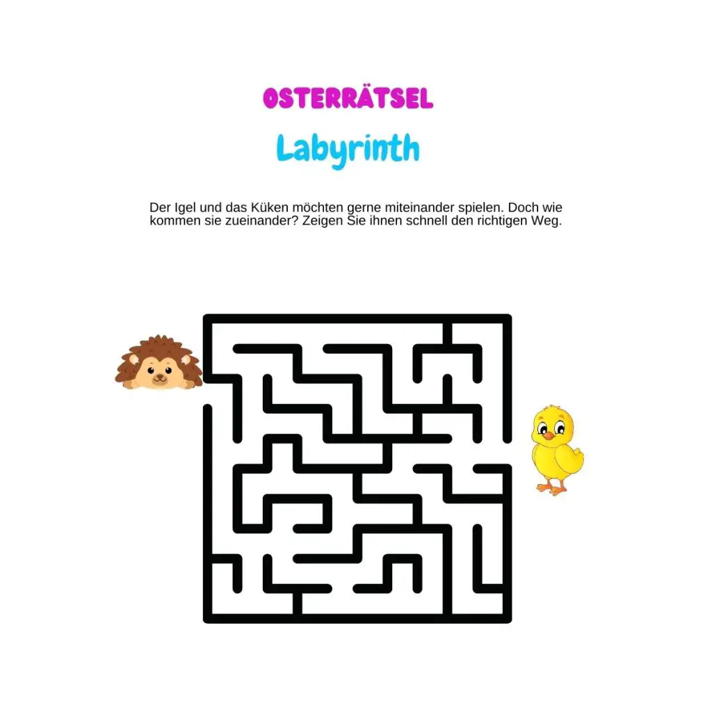 Osterrätsel Labyrinth. Igel und Küken möchten miteinander spielen. Sie müssen durch ein Labyrinth.