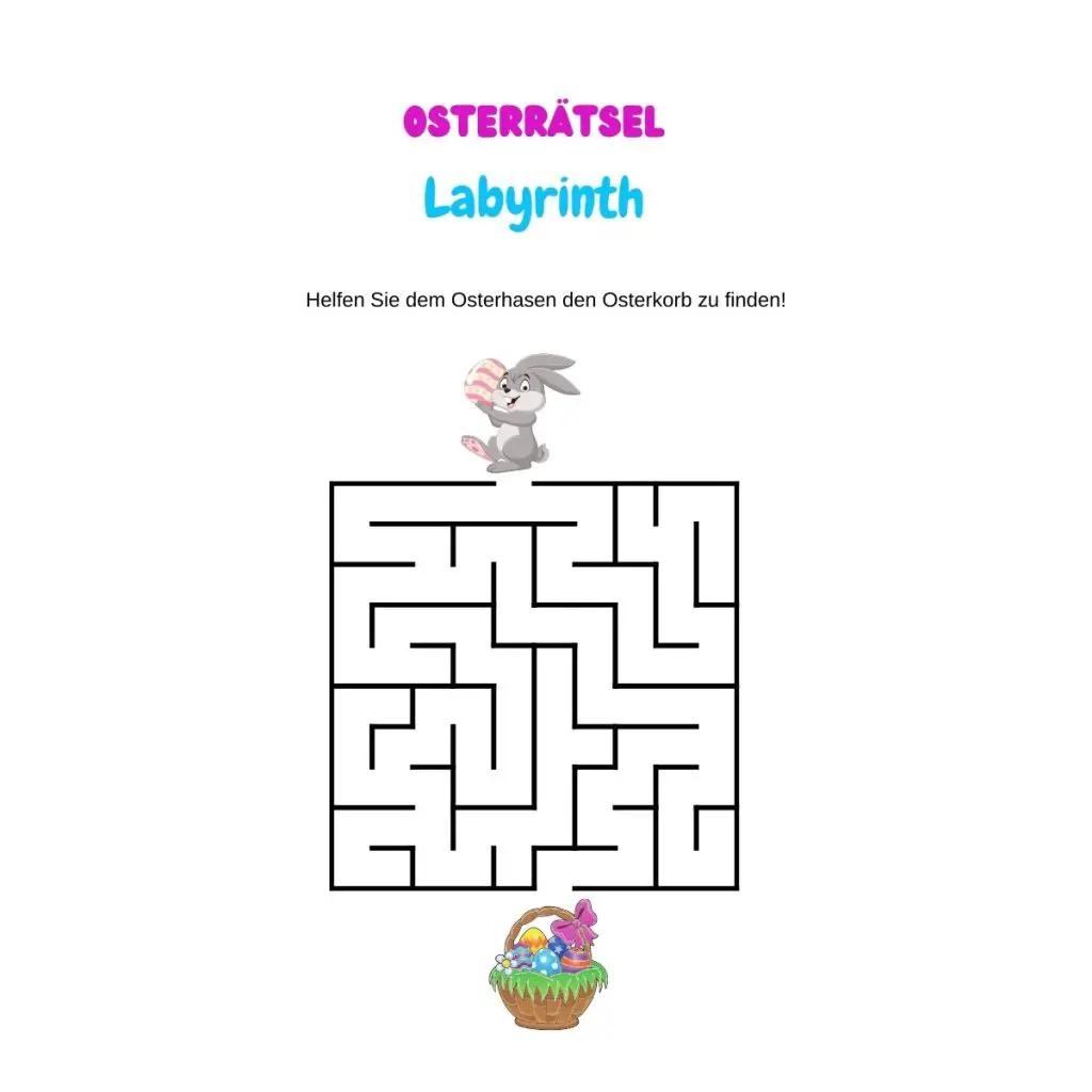 Osterrätsel Labyrinth. Der Osterhase möchte ein Osterei durch das Labyrinth tragen.