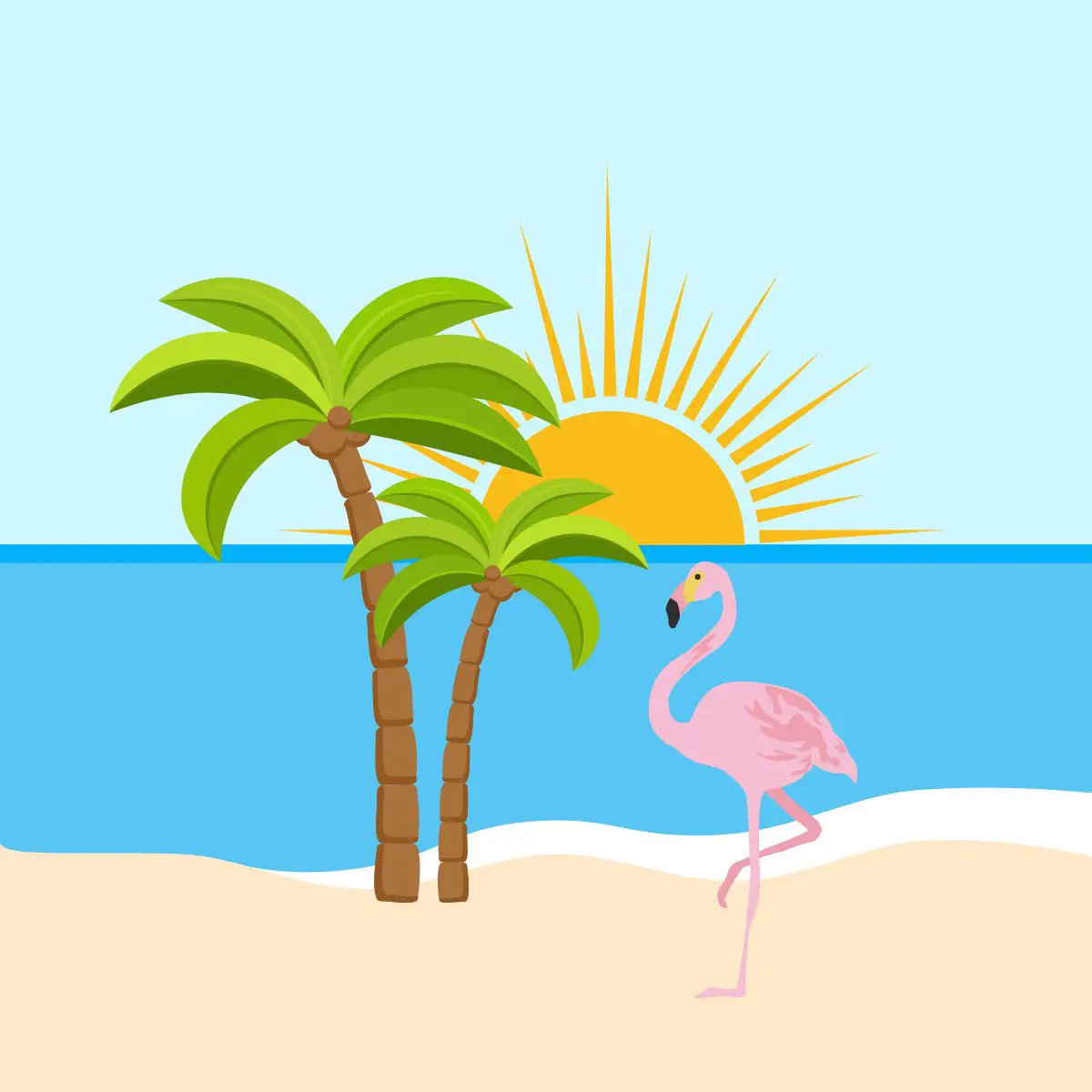 Ein gezeichnetes Bild mit Sandstrand, Palme, Sonne und Flamingo.