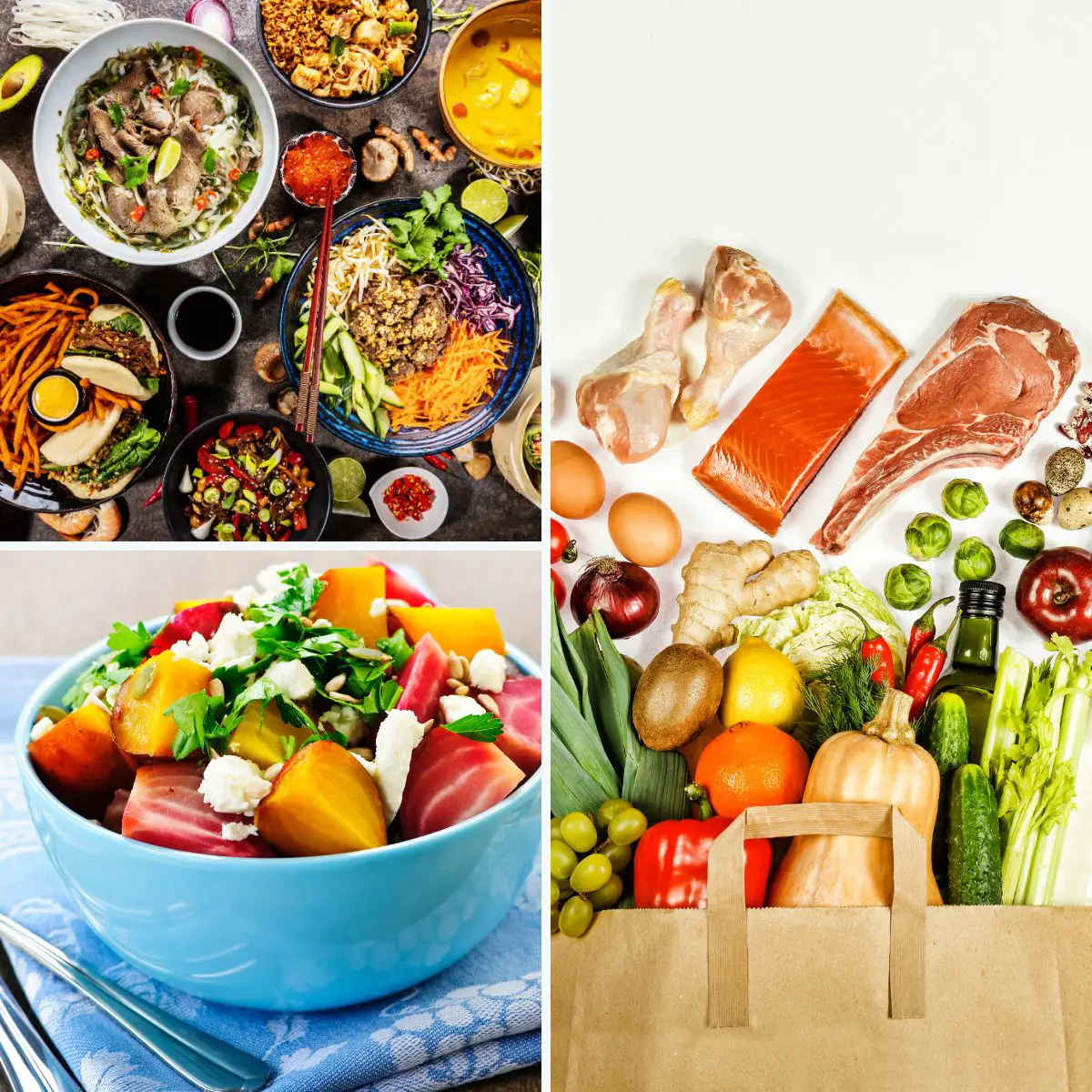 Drei verschiedene Bilder mit Essen. Auf einem Bild ein asiatisch gedeckter Tisch mit Gemüse und Fleisch. Im zweiten Bild ist eine Schale mit einem bunten Salat zu sehen. Im dritten Bild sieht man verschiedene Lebensmittel wie Fleisch und Gemüse.