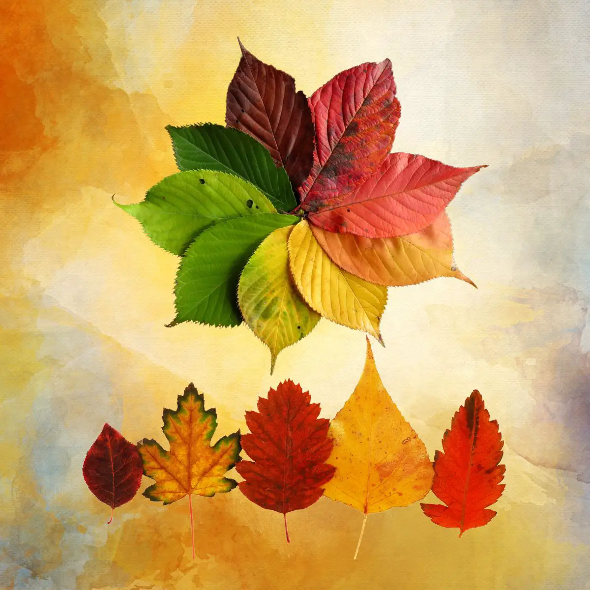 Wunderschöne, bunte Herbstblätter vor buntem Hintergrund.