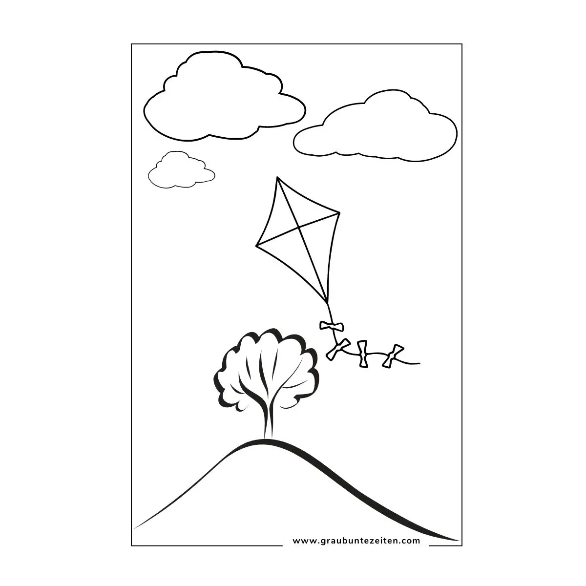 Ein Drachen zum Ausmalen schwebt über einem Baum vor Wolken.