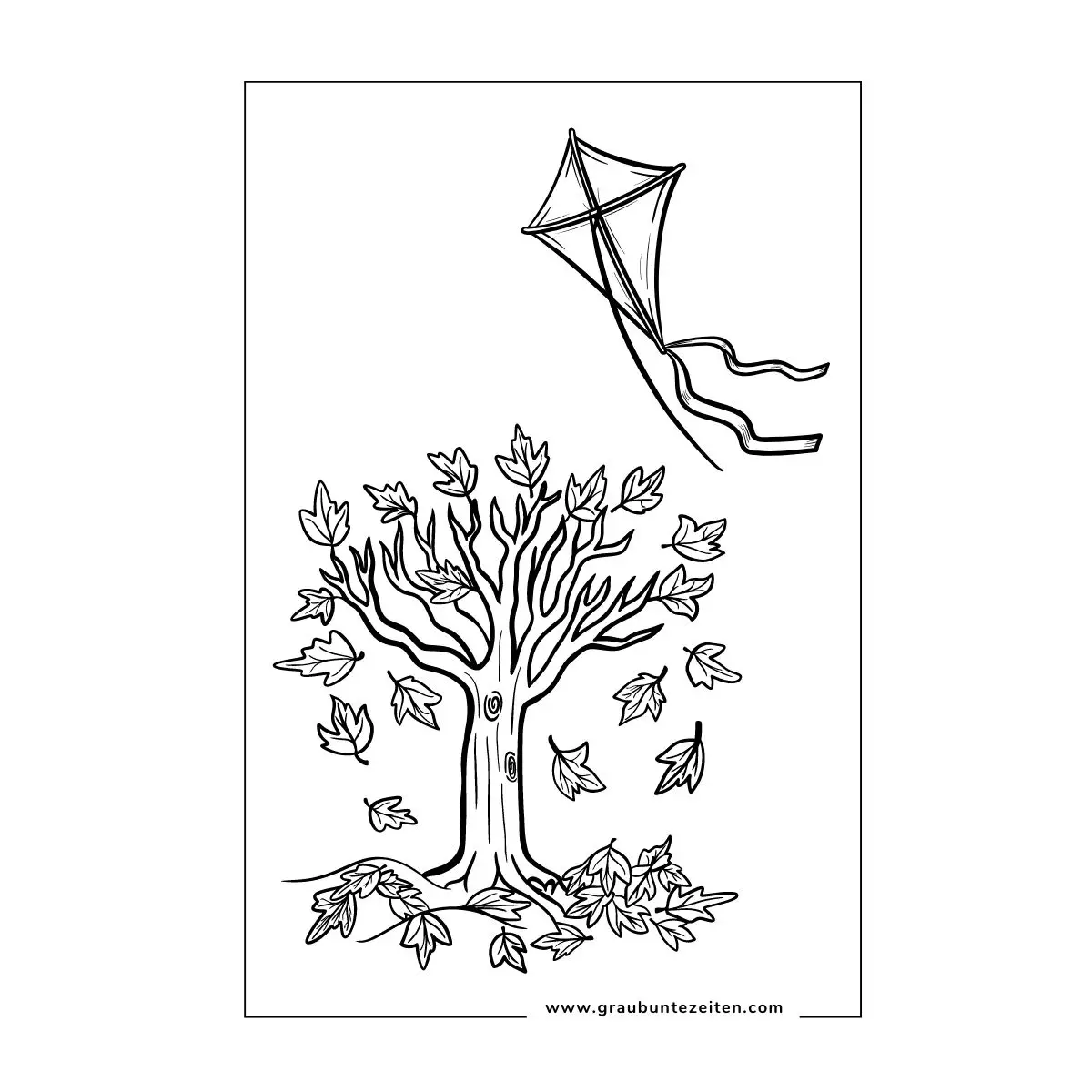Ein Drache zum Ausmalen fliegt über einen Baum mit Herbstblättern.