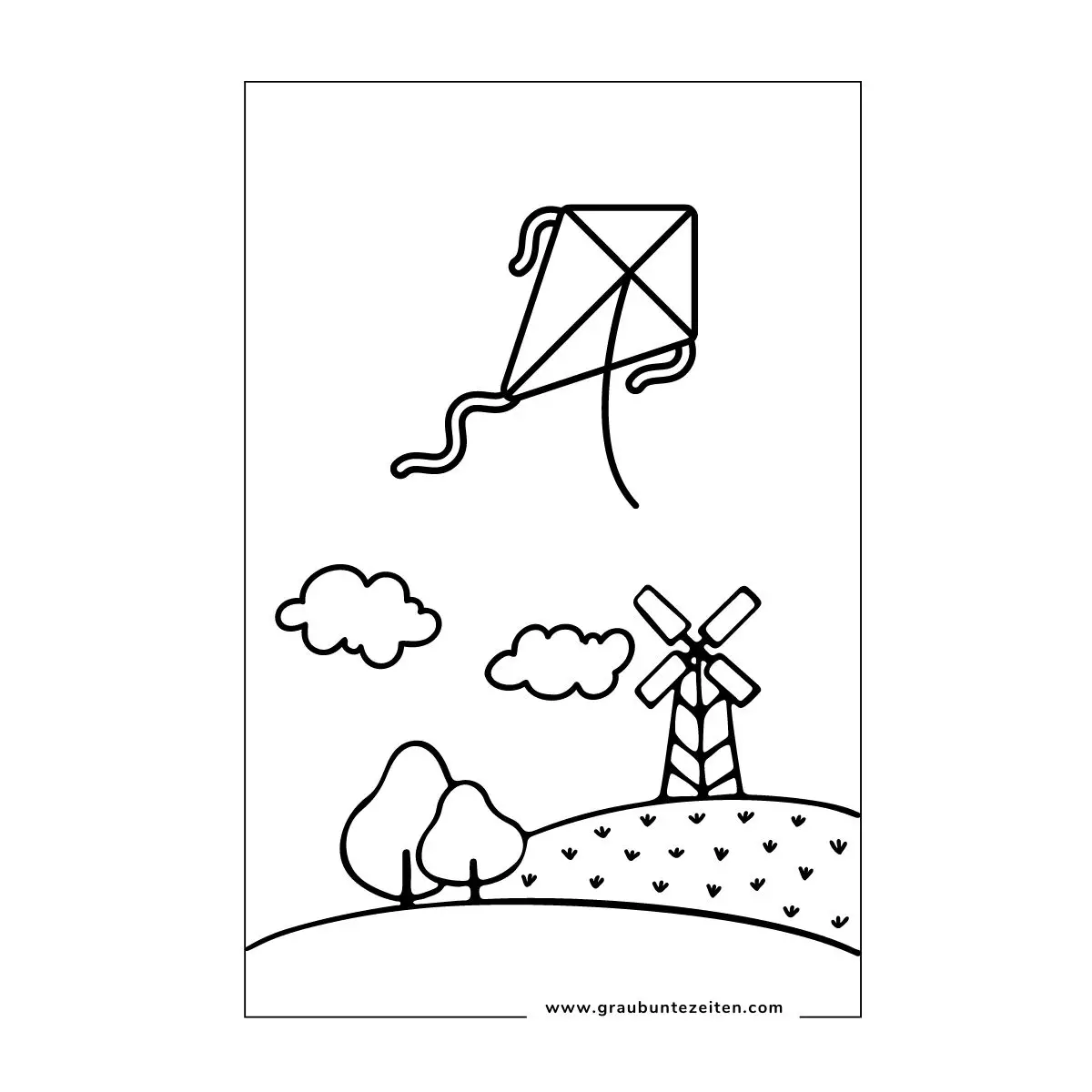 Ein Ausmalbild mit Drachen und einer Windmühle.