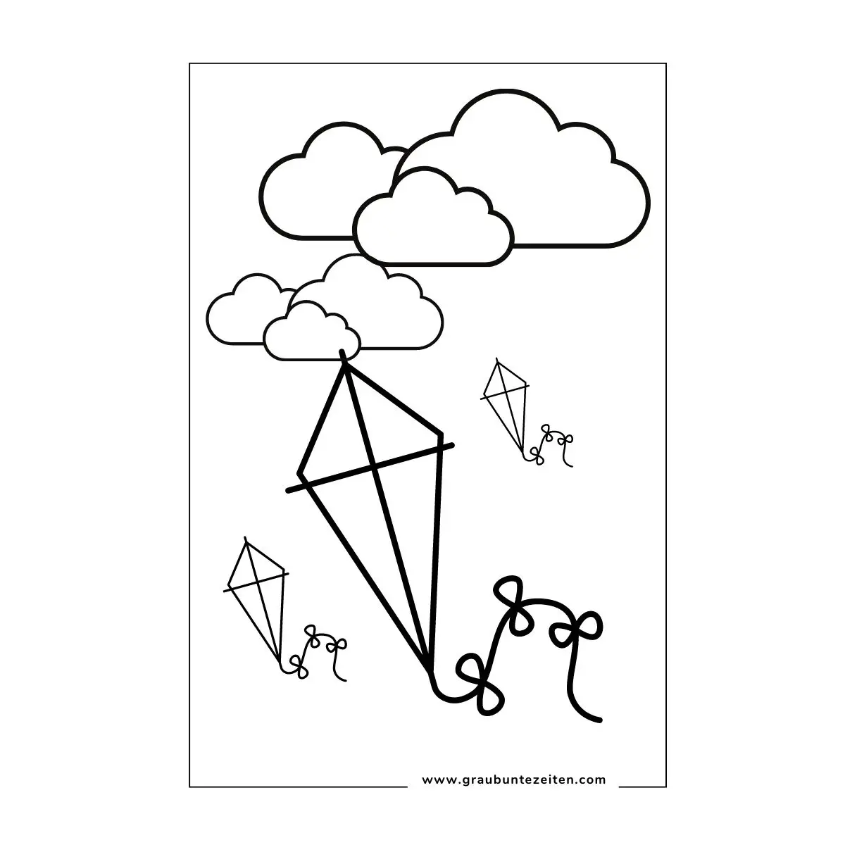 Drei Drachen zum Ausmalen mit Schleifen schweben vor einem Wolkenhimmel.