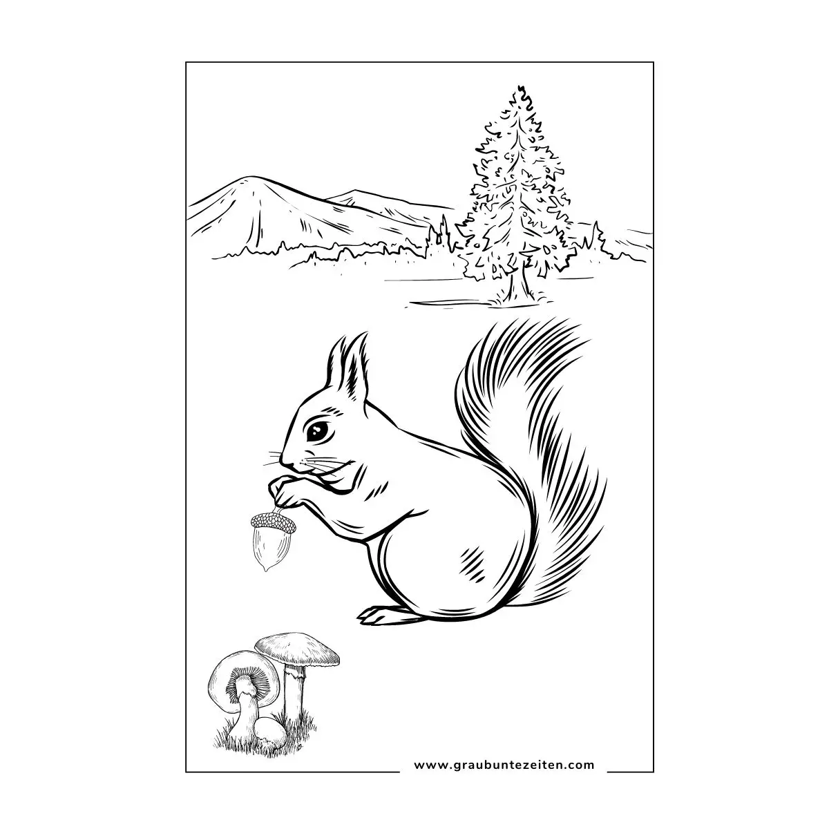 Ausmalbild Herbst mit einem Eichhörnchen, dass eine Eichel in den Pfoten hält.