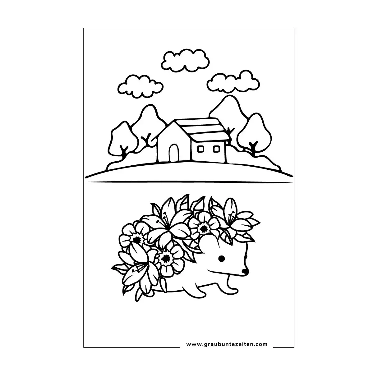 Ein kleiner Igel trägt buntes Herbstlauf auf dem Rücken. Er sitzt vor einem kleinen Haus.
