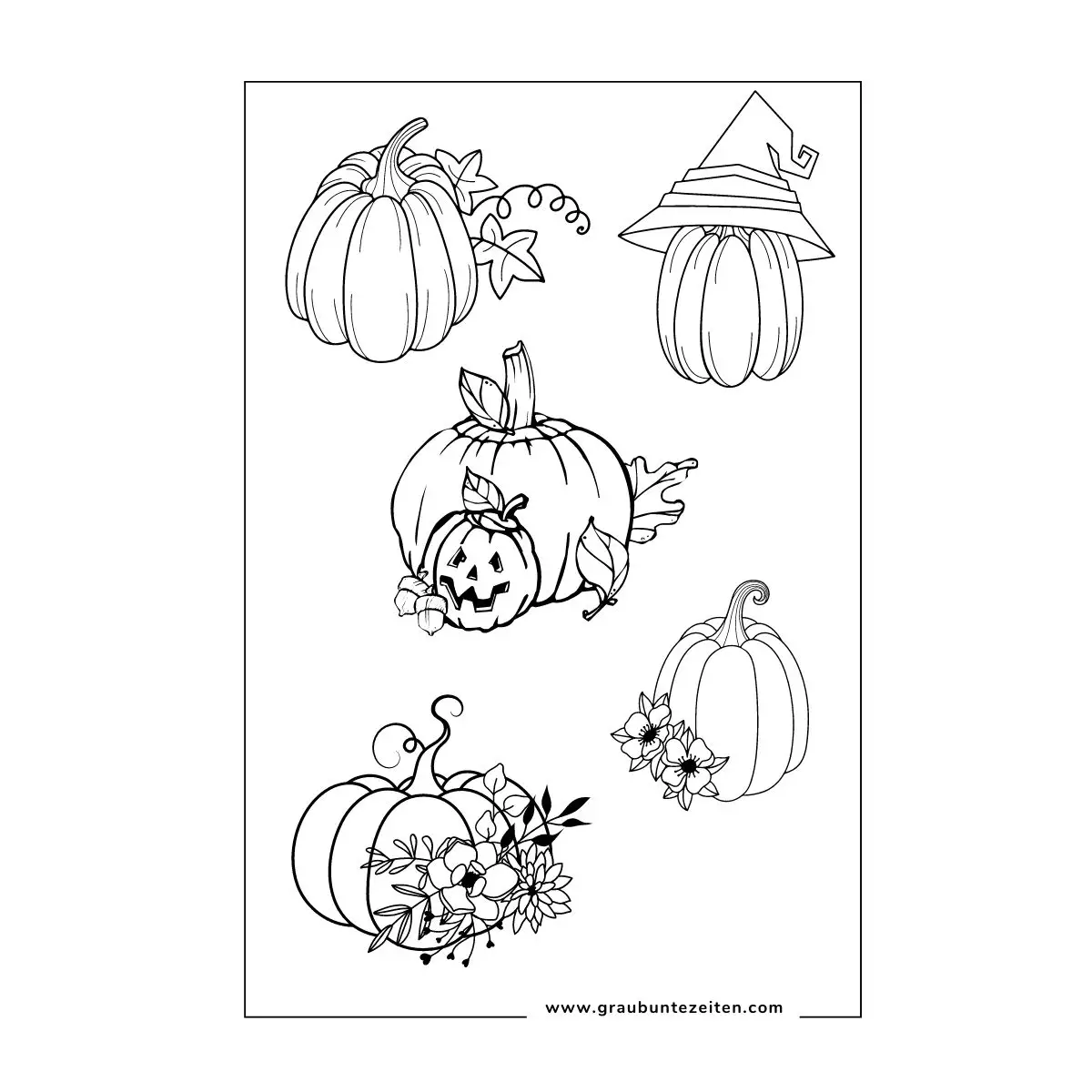 Ausmalbild Herbst mit fünf Kürbissen die unterschiedlich geschmückt sind.