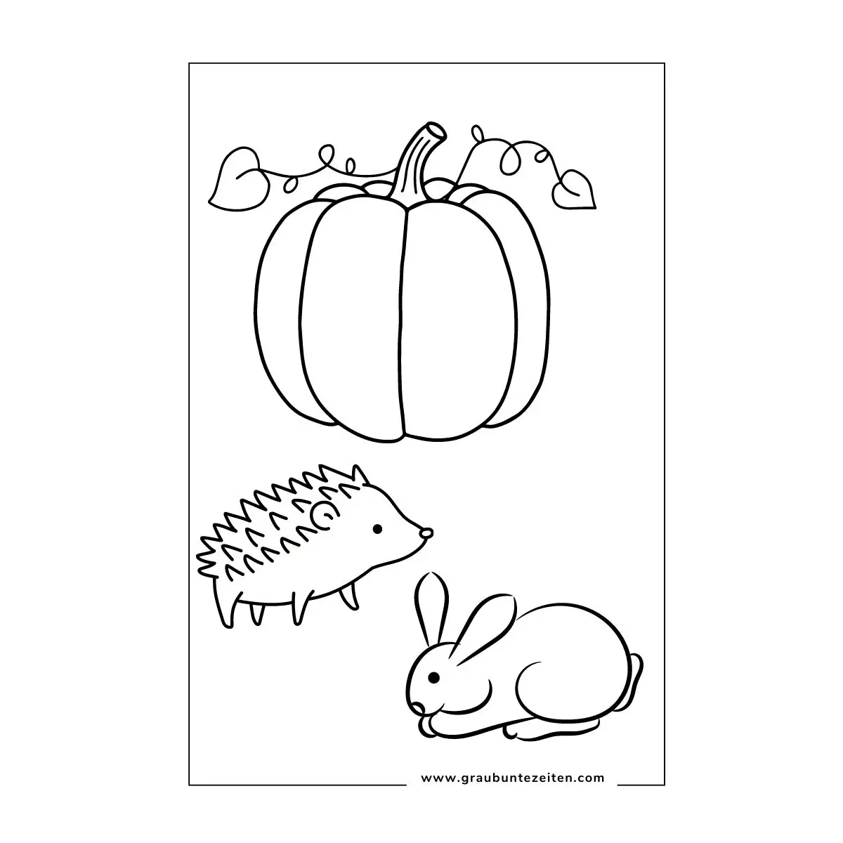 Ausmalbild Herbst mit Igel und Hase die vor einem Kürbis sitzen.