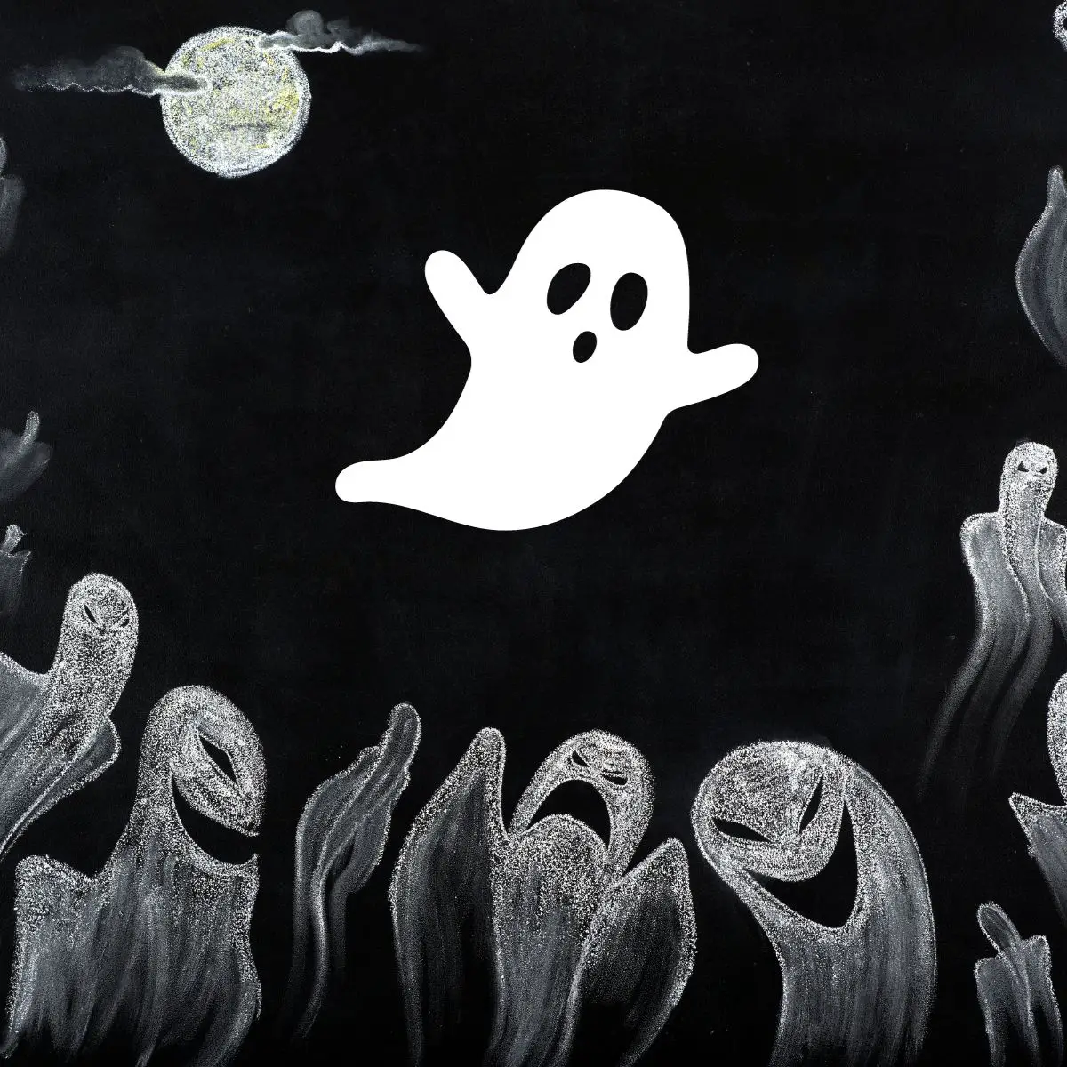 Schwarzer Hintergrund mit vielen Gespenstern zu Halloween.