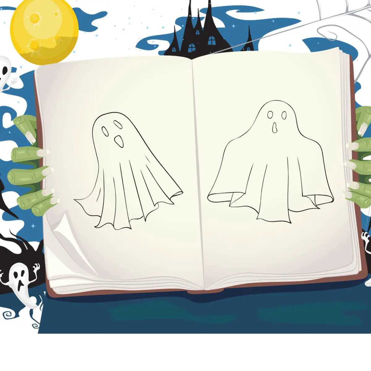 Monster hält Buch mit Gespenstern fest.