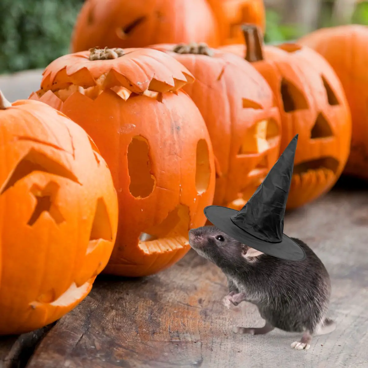 Kleine Maus mit Hexen-Hut schaut Halloween-Kürbisse an.