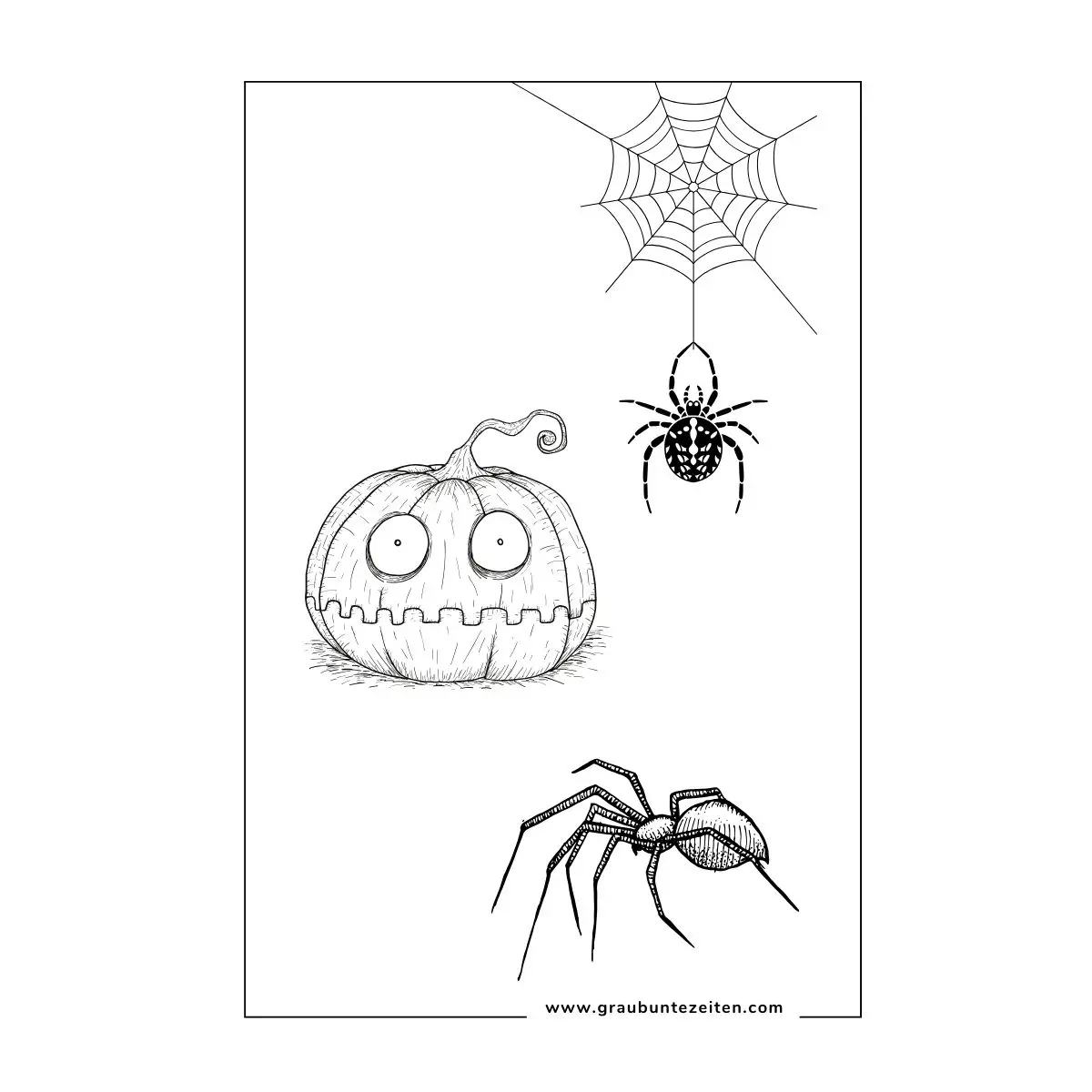 Ausmalbilder Halloween Erwachsene. Ein Halloween-Kürbis fürchtet sich vor Spinnen.