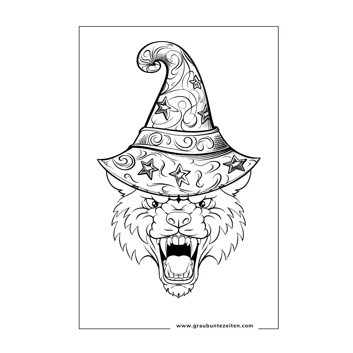 Ausmalbilder Halloween Erwachsene. Ein Werwolf trägt einen Zauberhut.