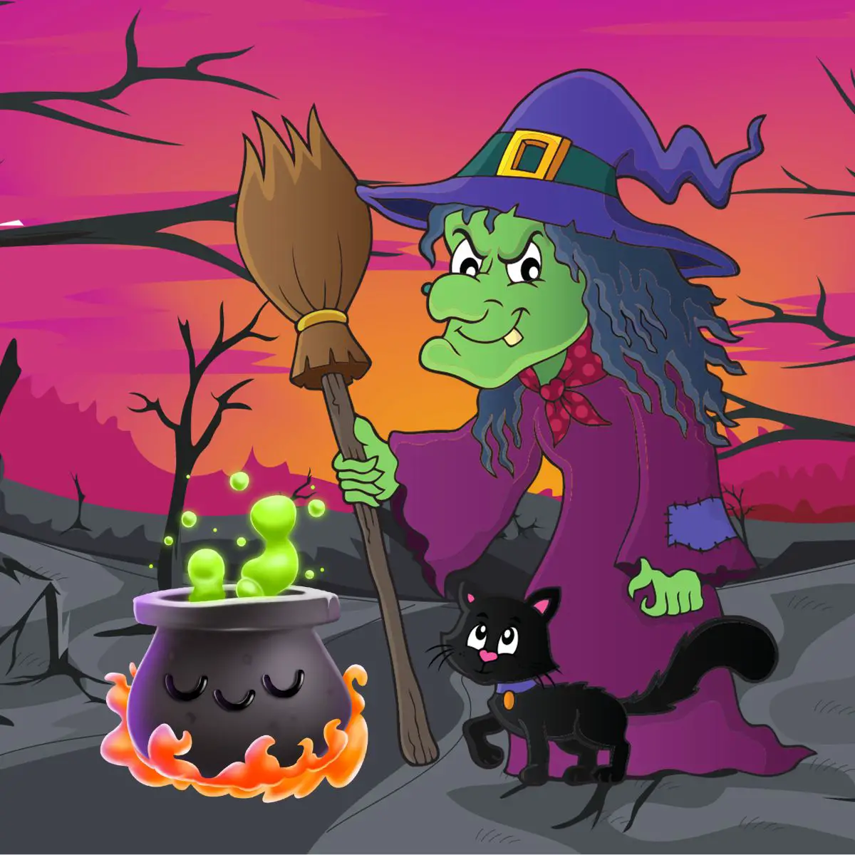 Eine Hexe mit einer schwarzen Katze steht neben einem Hexenkessel.