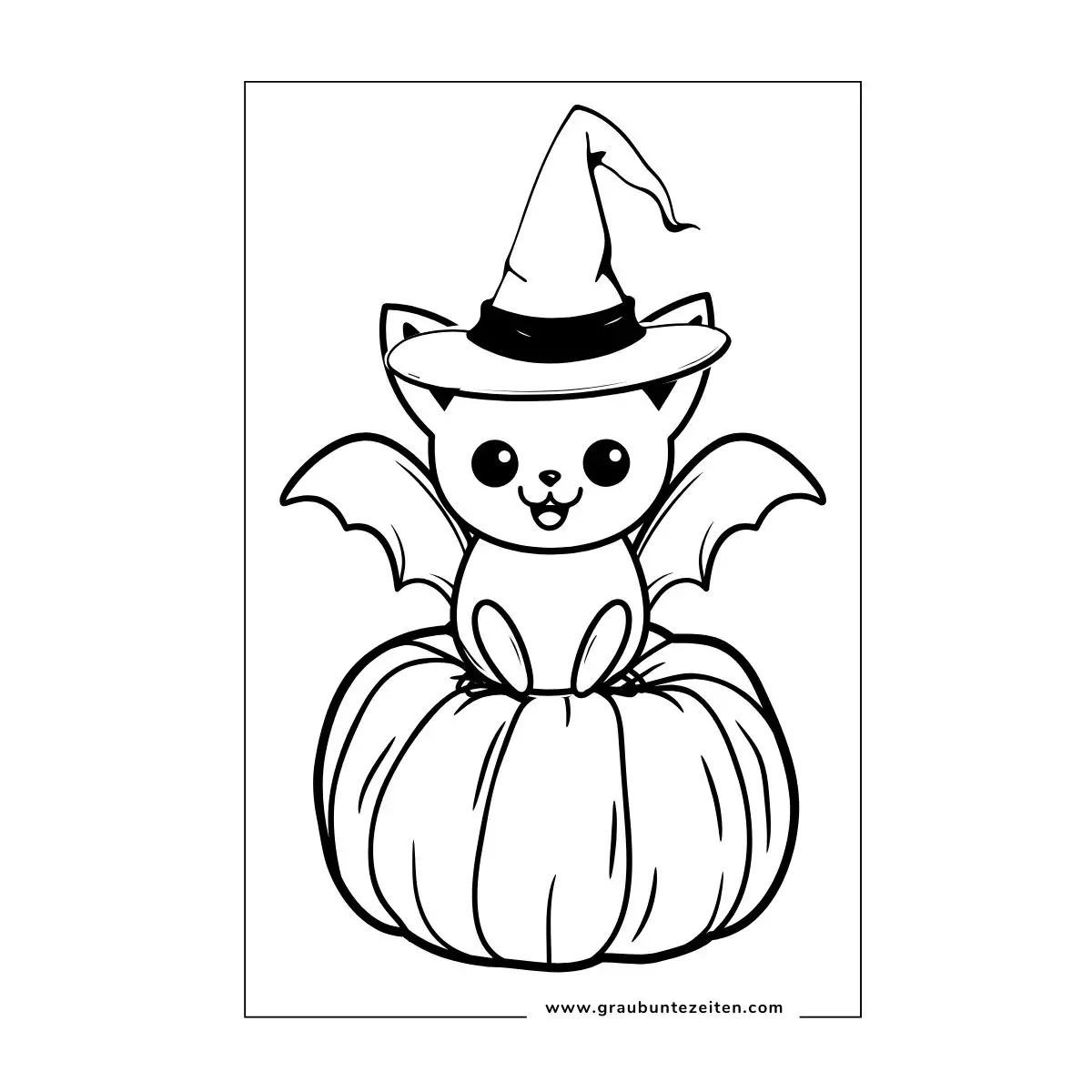 Ausmalbilder Halloween Fledermaus. Eine kleine Fledermaus sitzt im Halloween-Kostüm auf einem Kürbis.