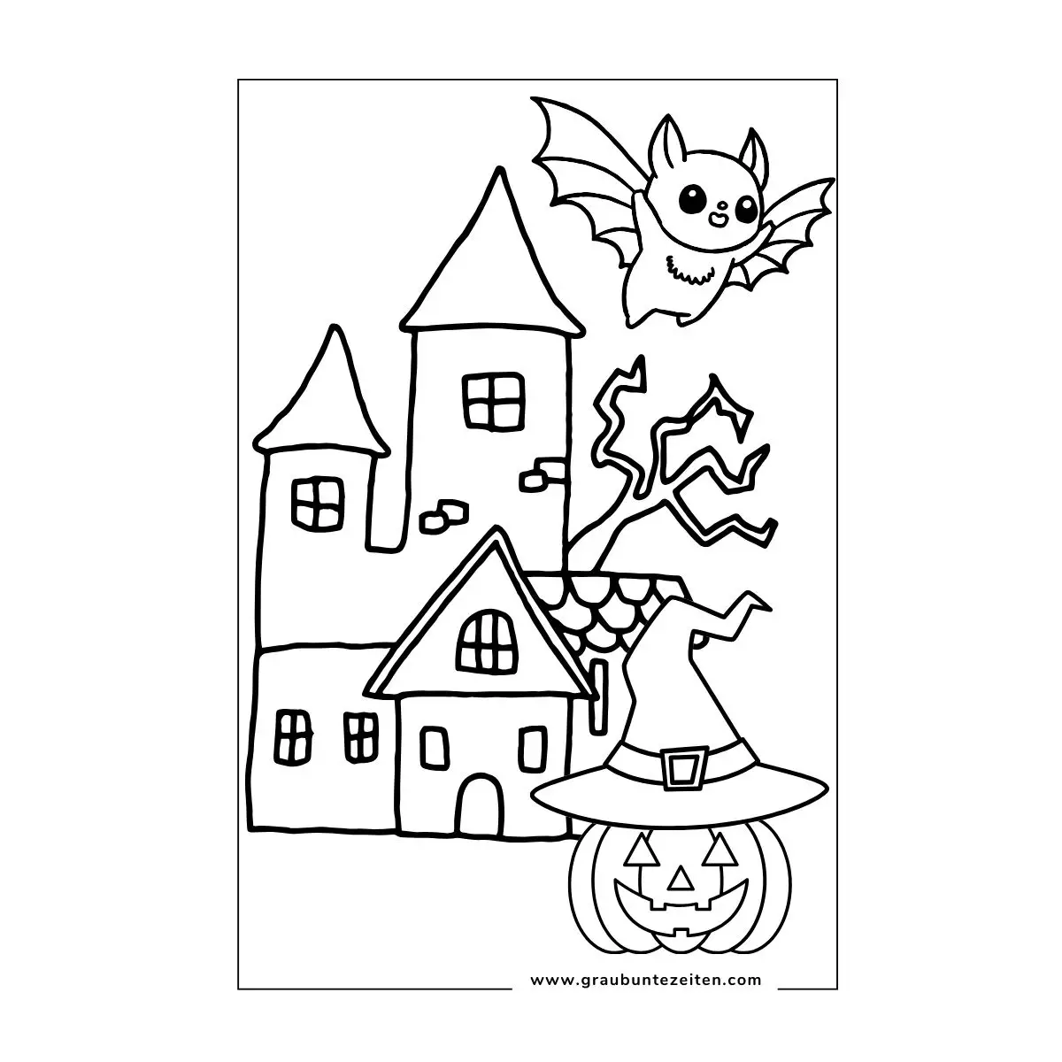 Ausmalbilder Halloween Fledermaus. Fledermaus fliegt aus einem Gruselschloss heraus. Drunter sitzt ein Kürbis mit einem Hexenhut.