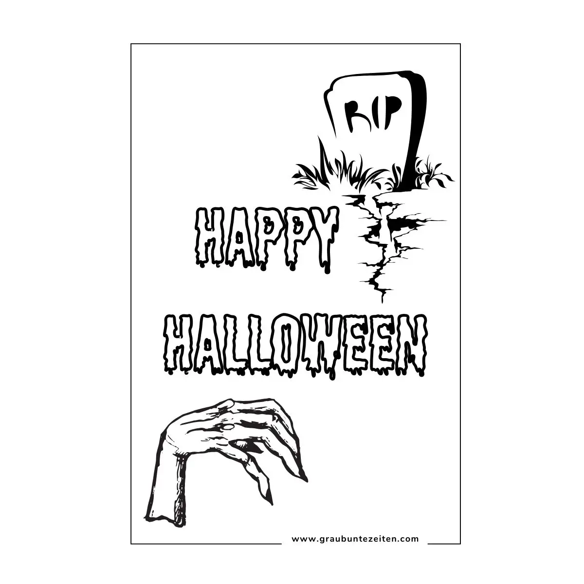 Ausmalbild Halloween Skeletthand mit Grabstein und Happy Halloween Schrift.