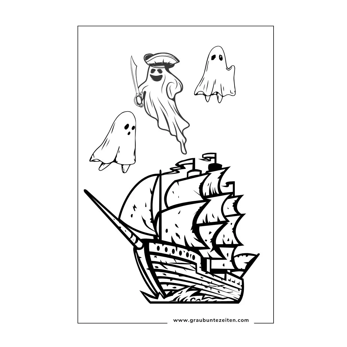 Ausmalbild Halloween Piratenschiff mit Geistern.
