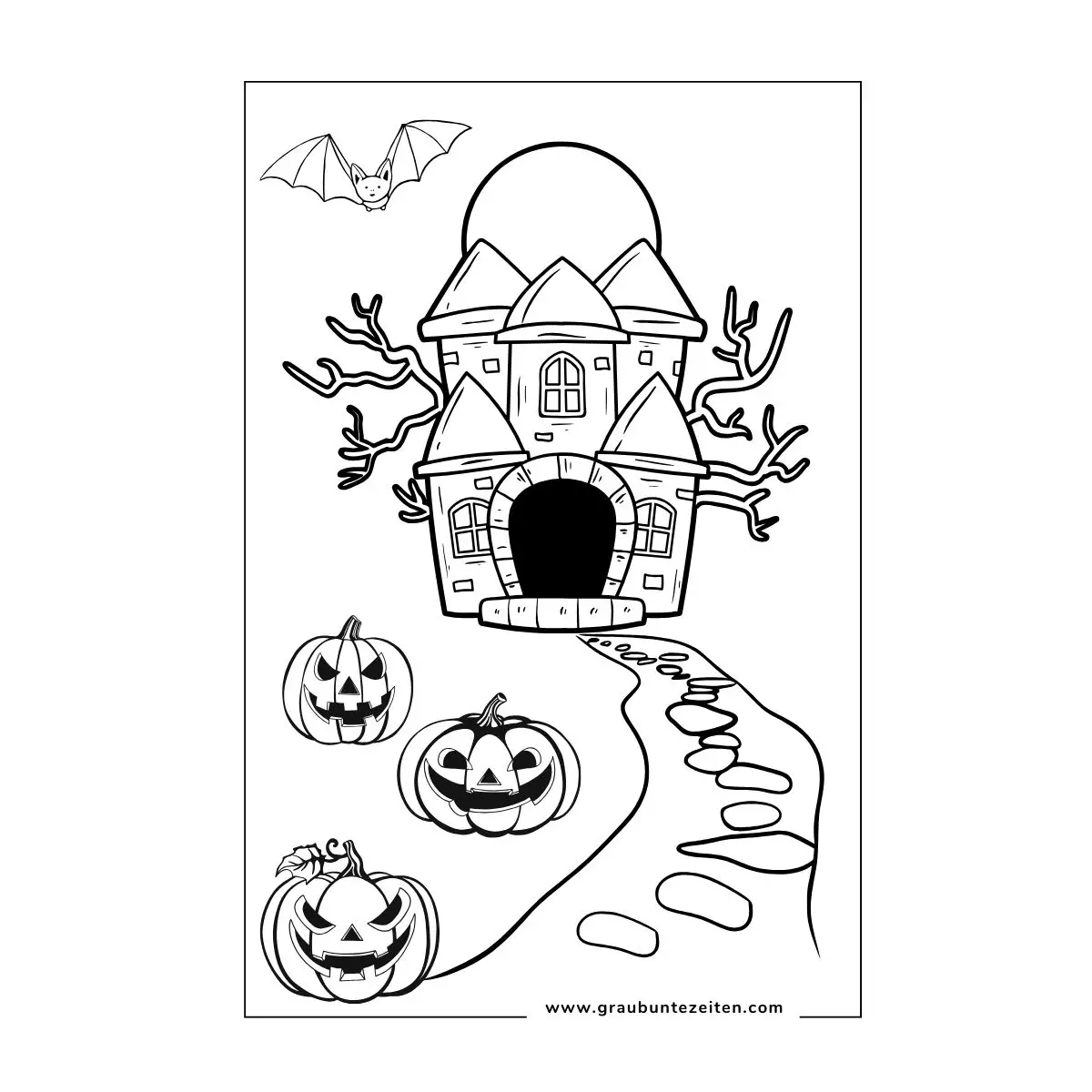 Ausmalbild Halloween Gruselhaus mit Kürbissen.
