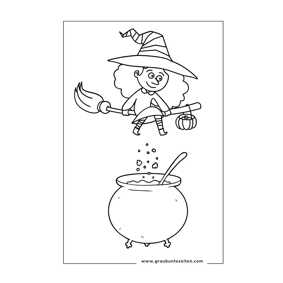 Ausmalbild Halloween Kleine Hexe auf Besen mit Hexenkessel.